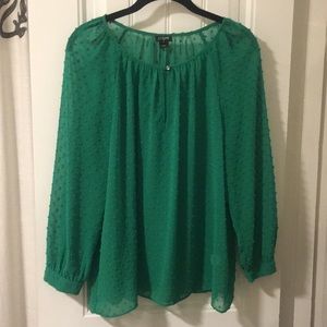 Green j.crew blouse with Swiss dot detailing